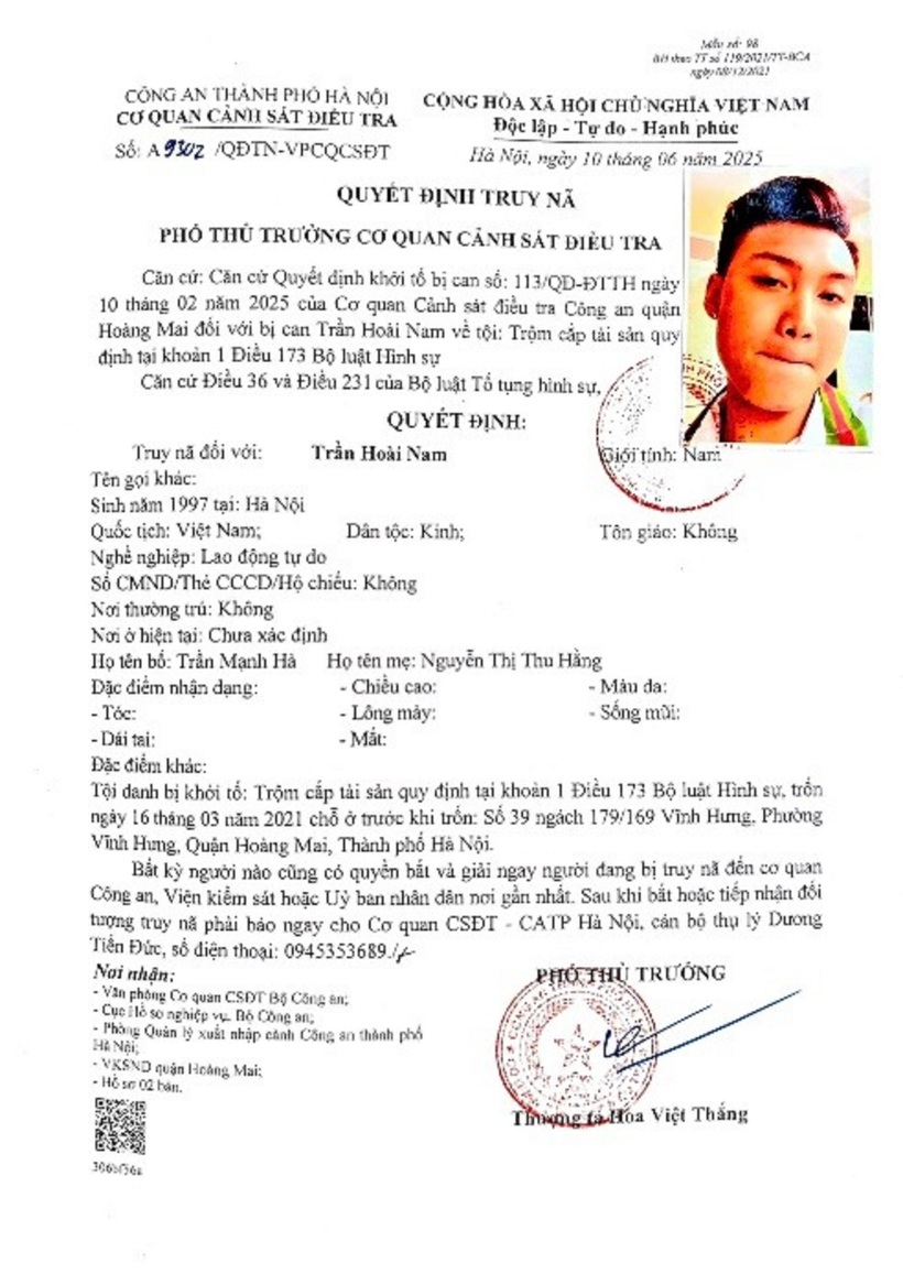 Cơ quan CSĐT Công an TP Hà Nội đã ra quyết định truy nã Trần Hoài Nam (SN 1997; nơi ở Vĩnh Hưng, Hà Nội). Ảnh: Thời báo VTV.