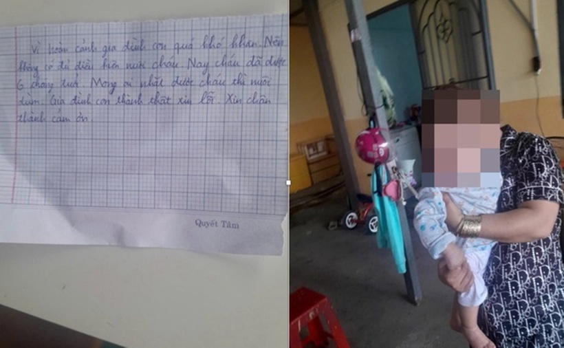 Tờ giấy và cháu bé được dàn cảnh bỏ rơi trước cổng chùa tại xã Vị Thuỷ. (Ảnh: Công an TP.Cần Thơ)