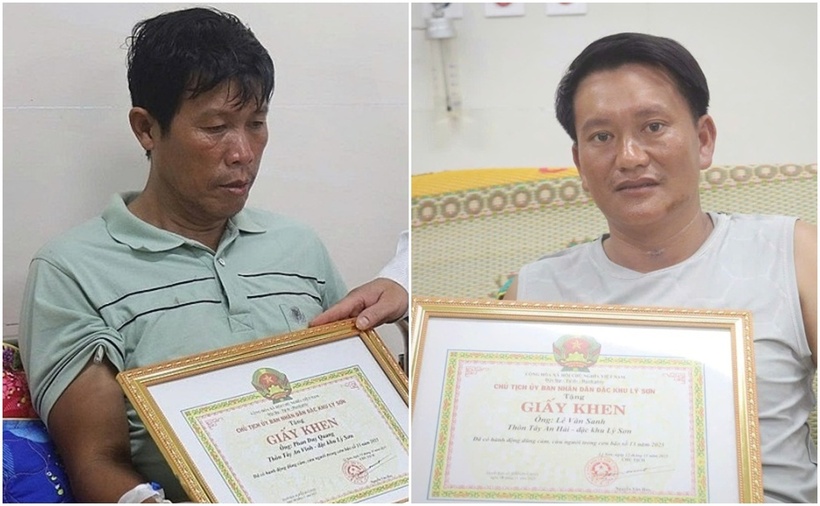 Hai người dân Lý Sơn cứu nạn giữa bão được khen thưởng. (Ảnh: VnExpress)