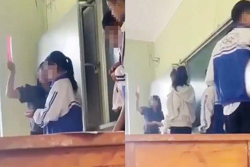 Nữ giáo viên có hành vi dùng thước đánh liên tục vào tay học sinh. Ảnh: Dân trí