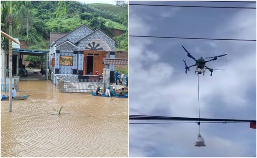 Dùng drone tiếp tế nhu yếu phẩm cho bà con. (Ảnh: VTC News)