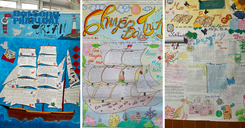 Sự sáng tạo của học sinh được thể hiện qua cuộc thi vẽ báo tường.