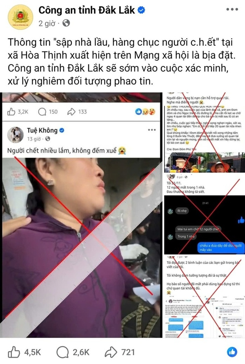 Công an vào cuộc xử lý nghiêm người bịa đặt thông tin "sập nhà lầu, hàng chục người chết" trong lũ. Ảnh: Báo Người lao động.