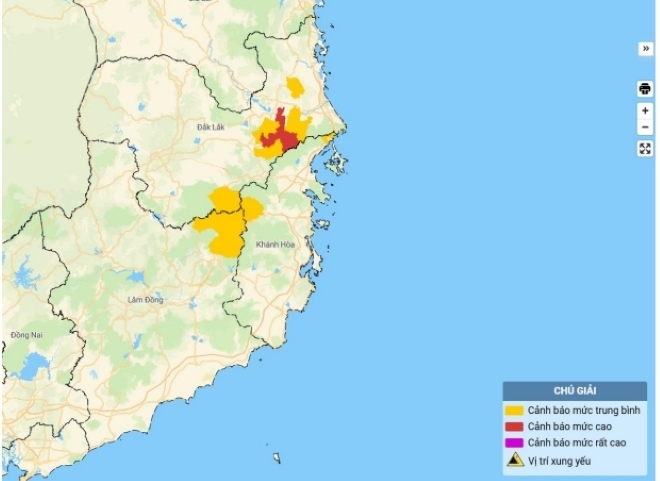 Bản đồ nguy cơ lũ quét, sạt lở đất đá trên các khu vực. Ảnh: Trung tâm dự báo khí tượng thủy văn Quốc gia