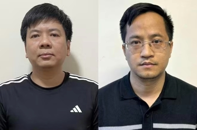 Bị can Nguyễn Ngọc Thủy (tức Shark Thủy, bên trái) và bị can liên quan. Ảnh: An ninh thủ đô