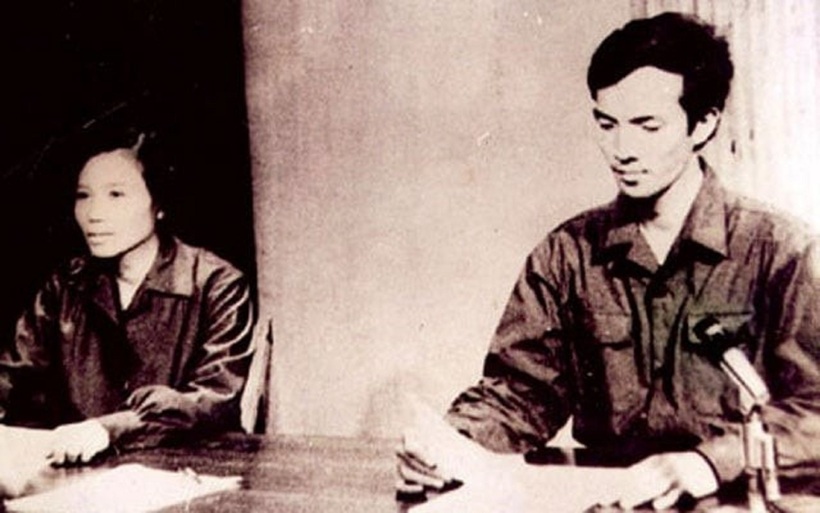 Hai phát thanh viên Hồ Mỹ Hạnh và Nguyễn Hữu Phước trong bản tin 1/5/1975.