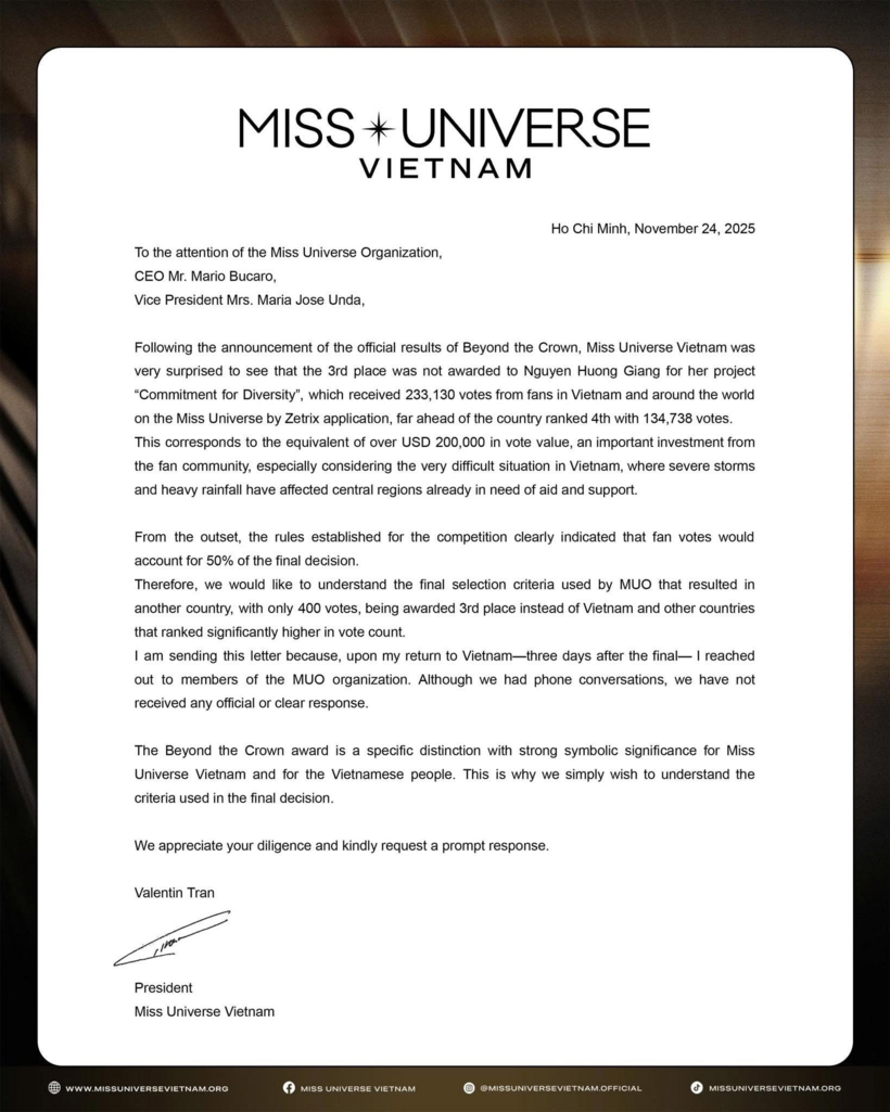 Công văn mà Miss Universe Vietnam gửi đến tổ chức quốc tế yêu cầu câu trả lời về giải thưởng Beyond The Crown