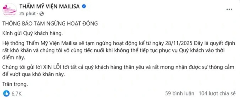 Trên trang mạng xã hội Facebook có 2,8 triệu người theo dõi, thẩm mỹ viện Mailisa chính thức thông báo tạm ngừng hoạt động kể từ ngày 28/11. Ảnh: Dân Trí.