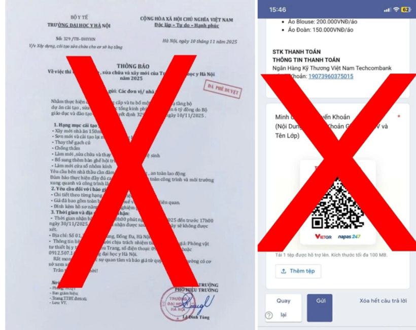 Đại học Y Hà Nội cảnh báo mạo danh trường để lừa sinh viên, phụ huynh, đối tác. Ảnh: Znews