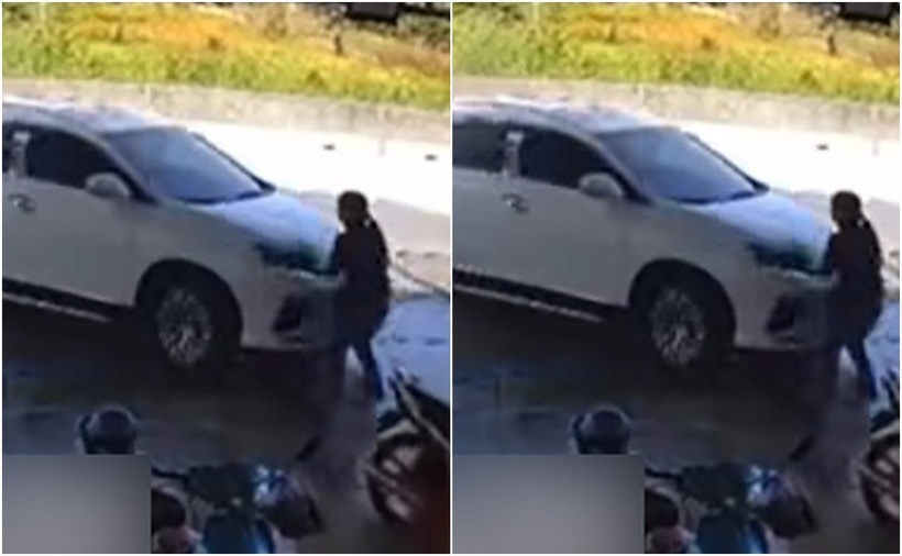 Cảnh Nguyễn Tấn Thành lái ôtô đâm vào những người phụ nữ trong sân, ghi lại từ camera an ninh tại Tây Ninh. (Ảnh: Lao động)