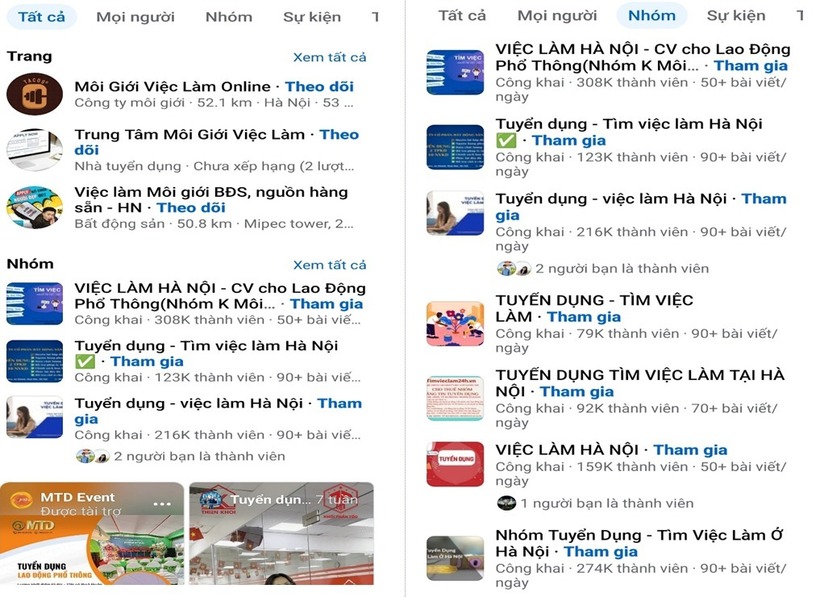 Hình ảnh một số trang mạng xã hội facebook có nội dung tư vấn việc làm. Ảnh: Người đưa tin