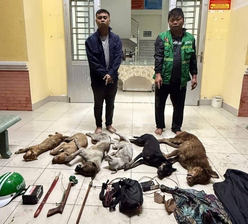 Công an xã Phước Lý khống chế đối tường Vàng và Tấn cùng tang vật là 5 con chó, 1 con mèo và súng bắn điện tự chế. (Ảnh: CATN).