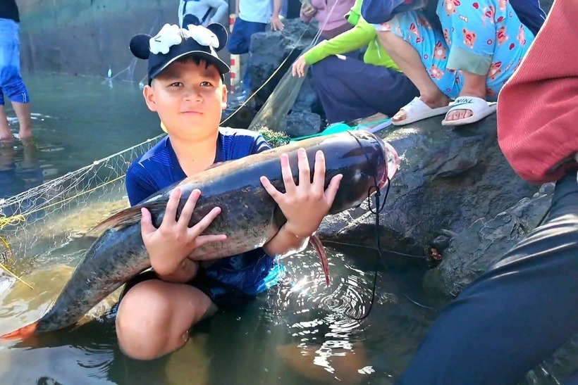 Người dân bắt được cá khủng. Ảnh: Tiền Phong.