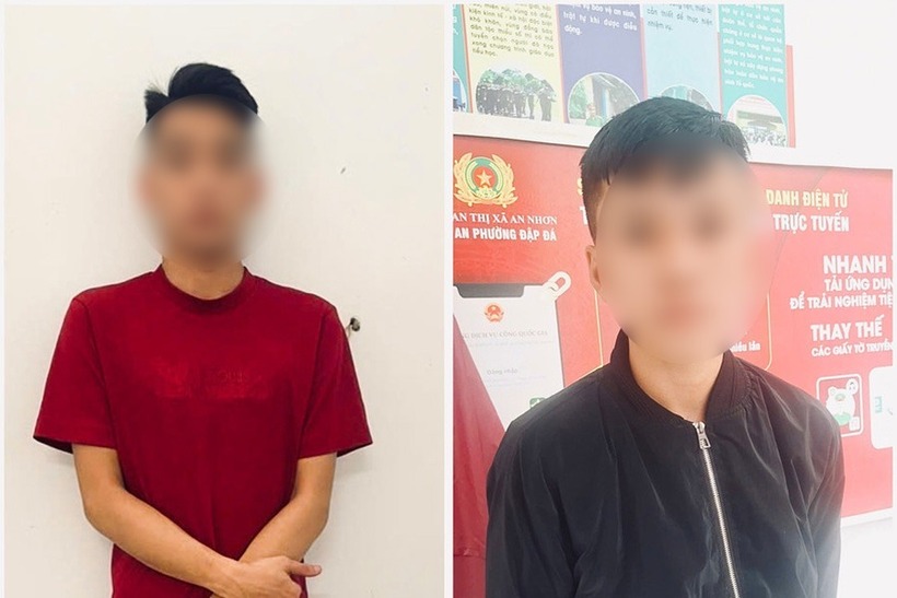 Phát (áo đỏ) và Tiến đã trộm 14 xe máy ở Gia Lai chỉ trong 1 tháng. Ảnh: Lao động