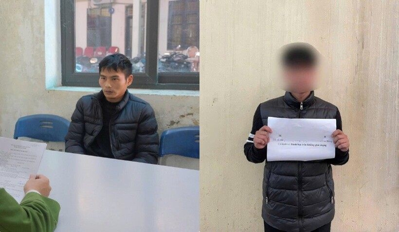 Đối tượng Hoàng Văn An (trái) và H.N.T tại cơ quan Công an. Ảnh Công an tỉnh Cao Bằng.