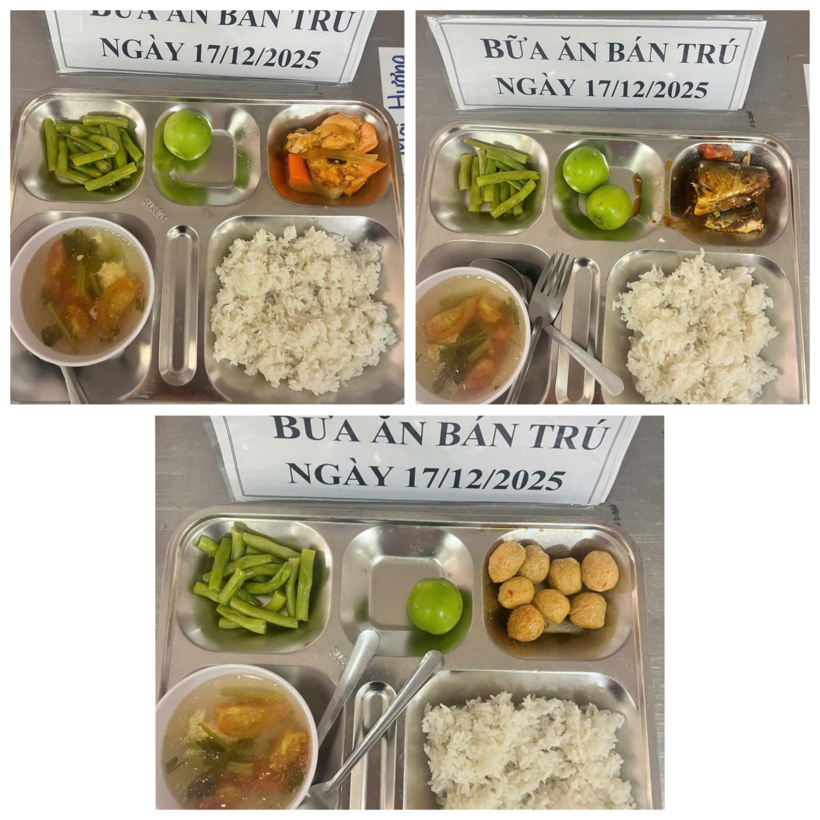 Suất ăn bán trú đầy đủ vào trưa ngày 17/12 của học sinh Trường THPT Trưng Vương. Ảnh: PLO.