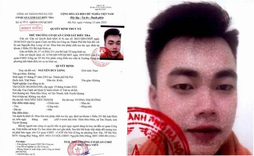 Truy nã đối tượng Nguyễn Duy Long. (Ảnh: Công an TP.Hà Nội)