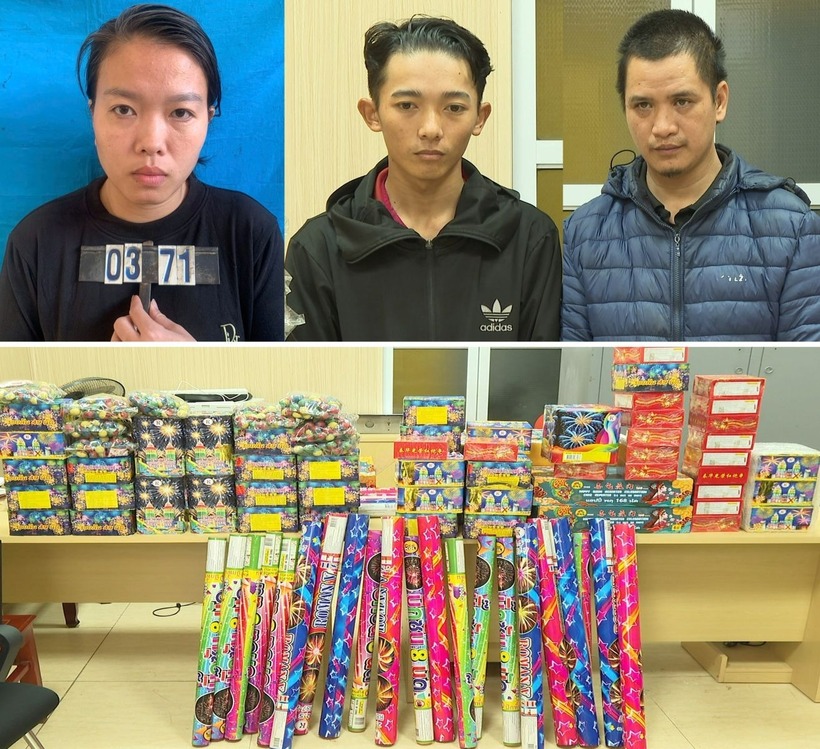 Các đối tượng Nguyễn Thị Cẩm Nhung, Lê Hữu Khiêm và Vũ Trường Giang (từ trái sang phải) cùng hơn 500kg pháo nổ bị thu giữ. Ảnh: Công an Thanh Hóa