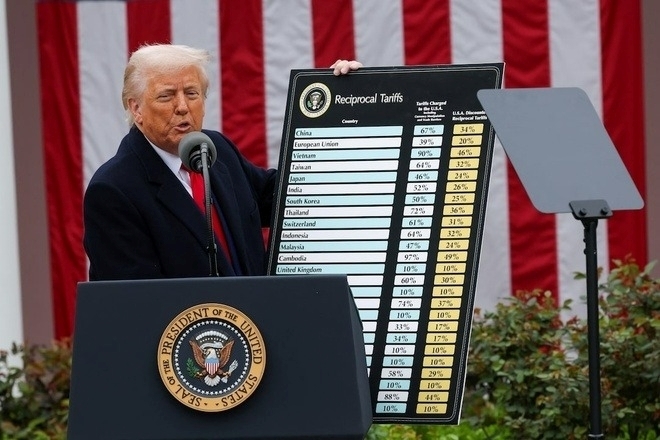 Tổng thống Mỹ Donald Trump công bố áp thuế đối ứng với hàng chục quốc gia. Ảnh: Reuters