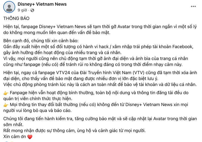 Fanpage Disney+ Vietnam News thông báo gỡ ảnh đại diện. Ảnh: Người lao động