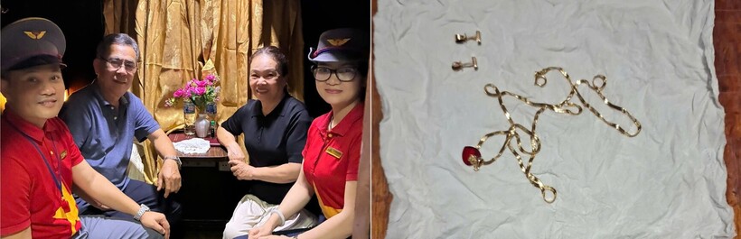 Hành khách và tổ tiếp viên tàu SE5 sau khi tìm được gói vàng được bọc trong giấy ăn bỏ nhầm vào thùng rác. (Ảnh: VNR).