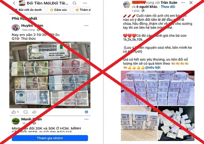 Một số bài viết quảng cáo đổi tiền mới, tiền lẻ trên mạng xã hội facebook.
