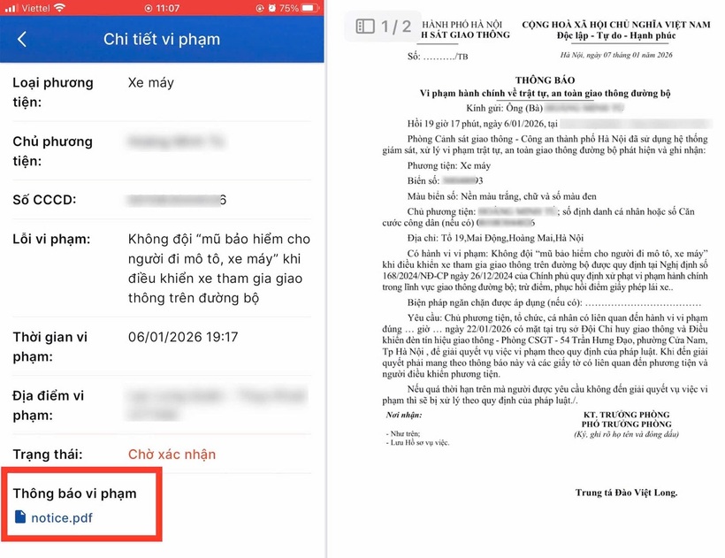 Hình ảnh minh họa về thông báo vi phạm trên iHanoi gửi đến chủ phương tiện.