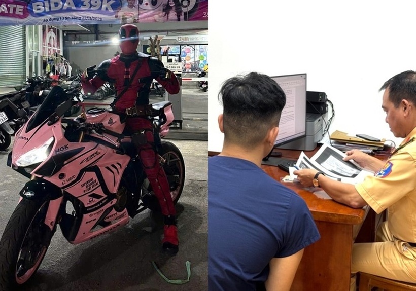 Nam thanh niên hóa trang thành nhân vật "siêu anh hùng ngáo đá" Deadpool, lái mô tô phân khối lớn "câu view" bị CSGT TP.HCM xử phạt. (Ảnh: Người Lao Động).
