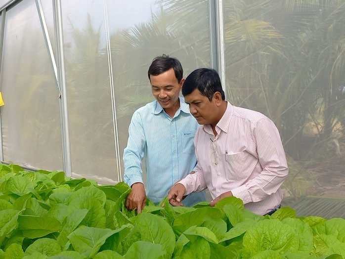 Ông Biển chia sẻ kinh nghiệm trồng rau sạch đến người dân. Ảnh: Người lao động