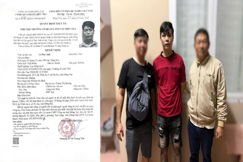 Đối tượng Lê Duy Anh (đứng giữa, mặc áo thun đỏ) khi mới bị bắt cùng Quyết định truy nã