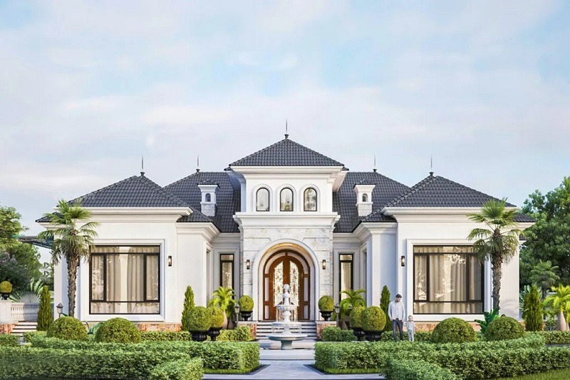Đặc trưng bởi hệ mái Mansard hoặc mái sảnh vòm, kết hợp với các cột trụ tròn vững chãi. Phong cách này đòi hỏi diện tích đất cực rộng để phô diễn vẻ đẹp bề thế như một tòa lâu đài thu nhỏ giữa thiên nhiên.