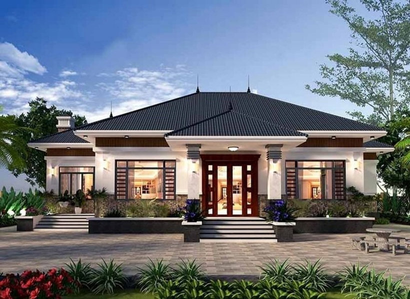 Mái Nhật với độ dốc vừa phải, mở ra các hướng giúp ngôi nhà trông cân đối và thanh thoát. Đây là lựa chọn phù hợp cho những gia chủ yêu thích sự tối giản, tinh tế nhưng không kém phần sang trọng.