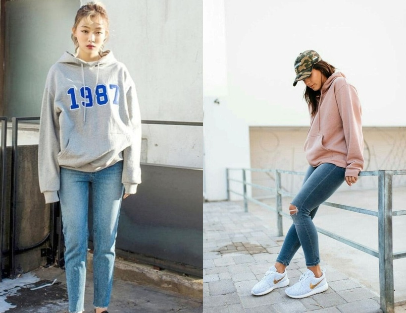 Phối áo hoodie với quần jeans, giày thể thao.