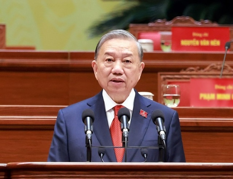Tổng Bí thư Tô Lâm thay mặt Ban Chấp hành Trung ương Đảng khóa XIV phát biểu ý kiến. Ảnh: TTXVN