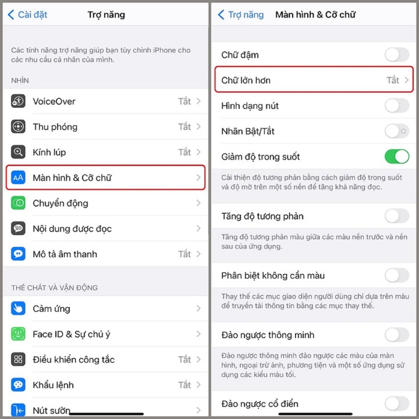 Bước 2: Bạn chọn Màn hình & Cỡ chữ > Bạn chọn Chữ lớn hơn.