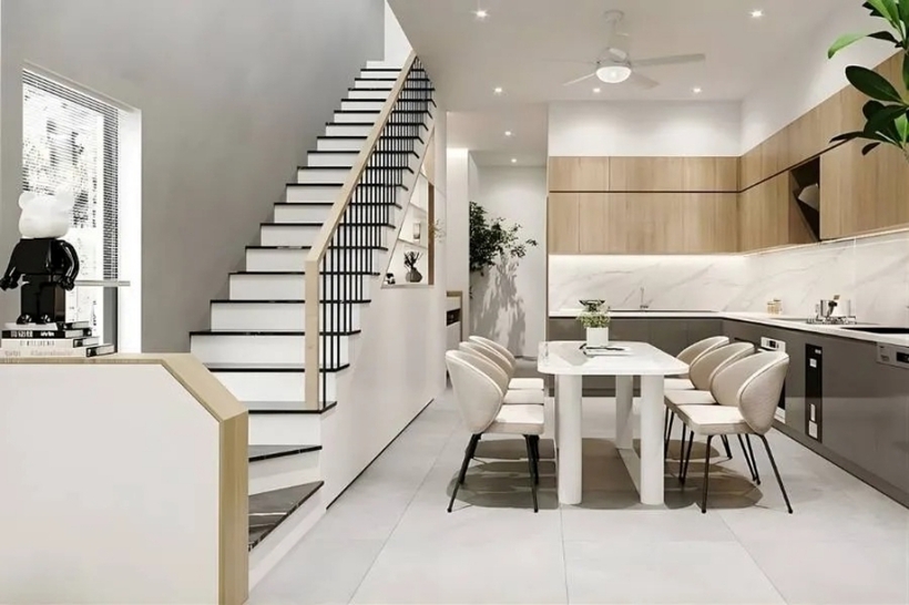 Mẫu cầu thang đẹp nhà 2 tầng kiểu chữ L dễ dàng bố trí nội thất.