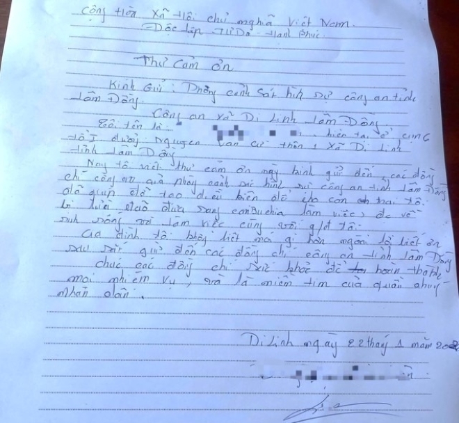 Thư cảm ơn Phòng Cảnh sát hình sự Công an Lâm Đồng của gia đình anh P., nạn nhân được giải cứu từ Campuchia. Ảnh: Thanh niên