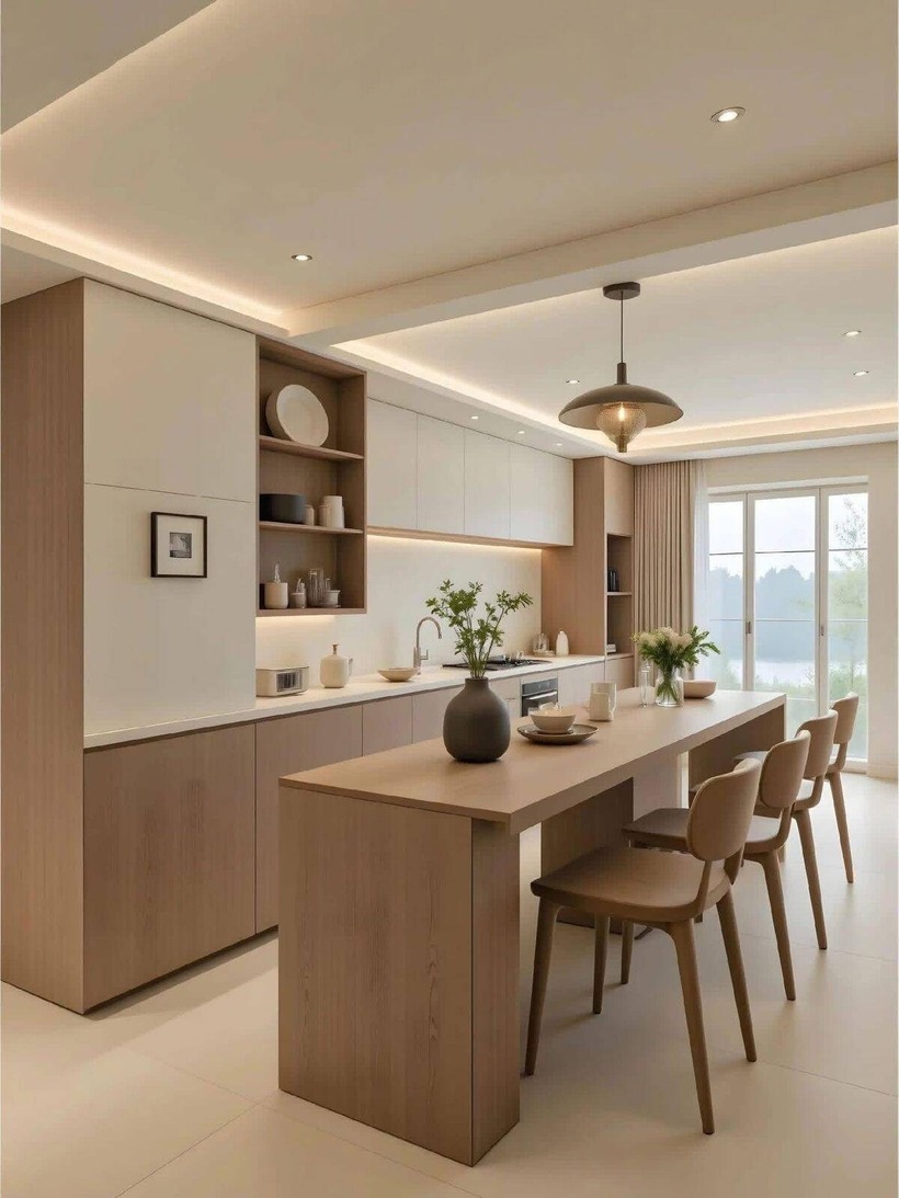 Đèn LED âm tủ, đèn thả trang trí, ánh sáng gián tiếp giúp không gian bếp trở nên ấm áp và có chiều sâu.