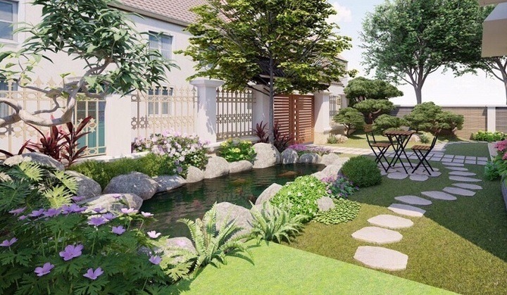 Thêm một mẫu tiểu cảnh sân vườn khác có hồ cá và không gian sinh hoạt ngay cạnh dành cho gia chủ.