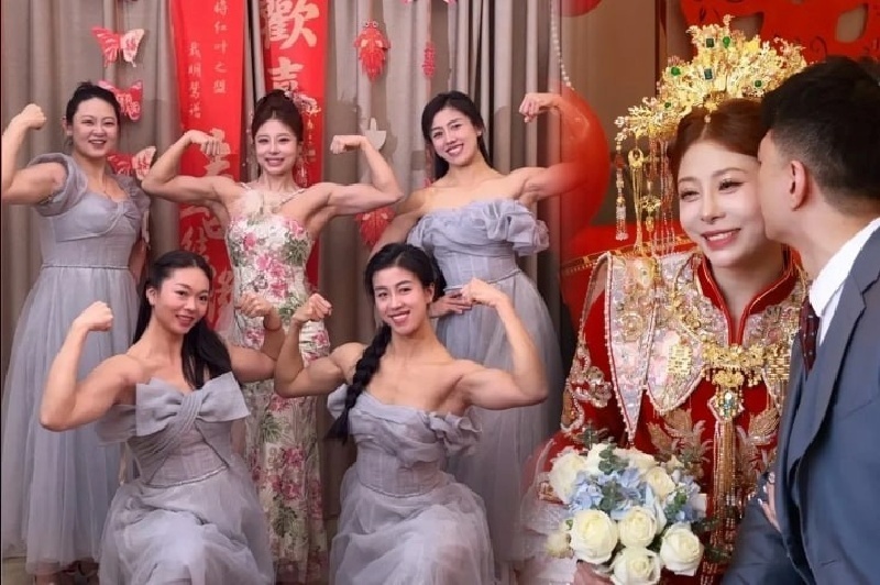 Cô dâu và phù dâu khoe cơ bắp cuồn cuộn trong đám cưới khiến quan khách trầm trồ. Ảnh: SCMP.