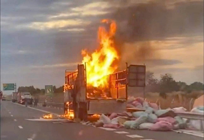 Xe tải chở hàng bốc cháy dữ dội trên cao tốc Vĩnh Hảo - Phan Thiết. Ảnh: Tiền phong
