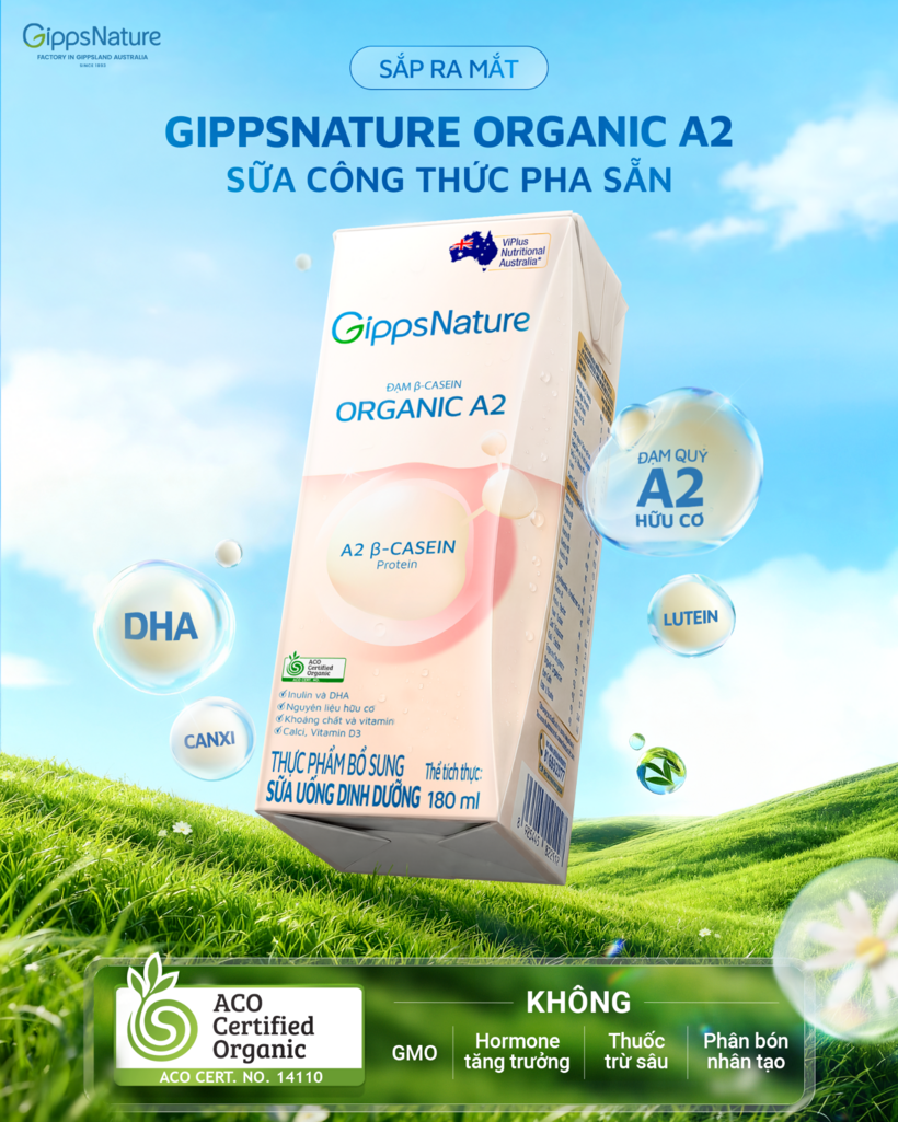 Sữa công thức pha sẵn GippsNature Organic A2 được sản xuất trên dây chuyền đạt chuẩn ACO tại Việt Nam, đáp ứng xu hướng dinh dưỡng hiện đại: tiện lợi, an toàn và minh bạch nguồn gốc.