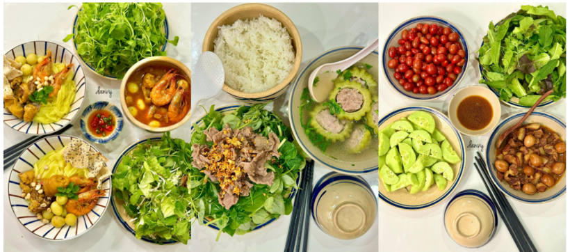 Từ những nguyên liệu sạch thu hoạch được, chị Vy khéo léo chế biến thành nhiều món ăn hấp dẫn cho gia đình.