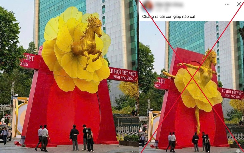 Linh vật ngựa thật (bên trái) ở TP.HCM và hình ảnh đã qua chỉnh sửa bằng AI do người đàn ông đăng tải. Ảnh: PLO.