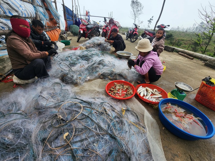 Ngư dân gỡ ghẹ sau chuyến đi biển đầu xuân. Ảnh: SGGP