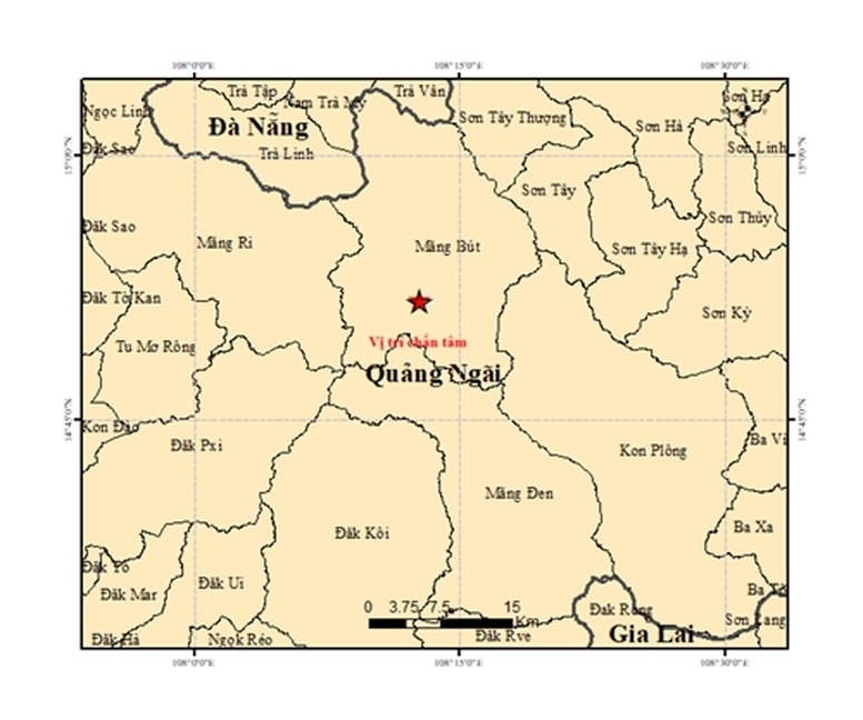 Bản đồ chấn tâm trận động đất 4,0 độ. Ảnh: Tuổi trẻ
