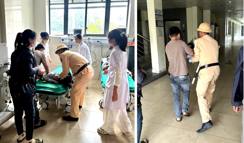 Lực lượng CSGT hỗ trợ kịp thời đưa cháu bé đi cấp cứu. (Ảnh: Công an tỉnh Thanh Hóa)