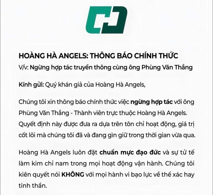 Kênh sáng tạo nội dung của hệ thống bán lẻ Hoàng Hà Mobile thông báo ngừng hợp tác truyền thông với ông Phùng Văn Thắng .