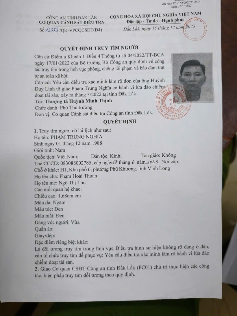 Thông báo truy tìm đối tượng phục vụ công tác điều tra. Ảnh: Cổng thông tin điện tử Công an tỉnh Đắk Lắk