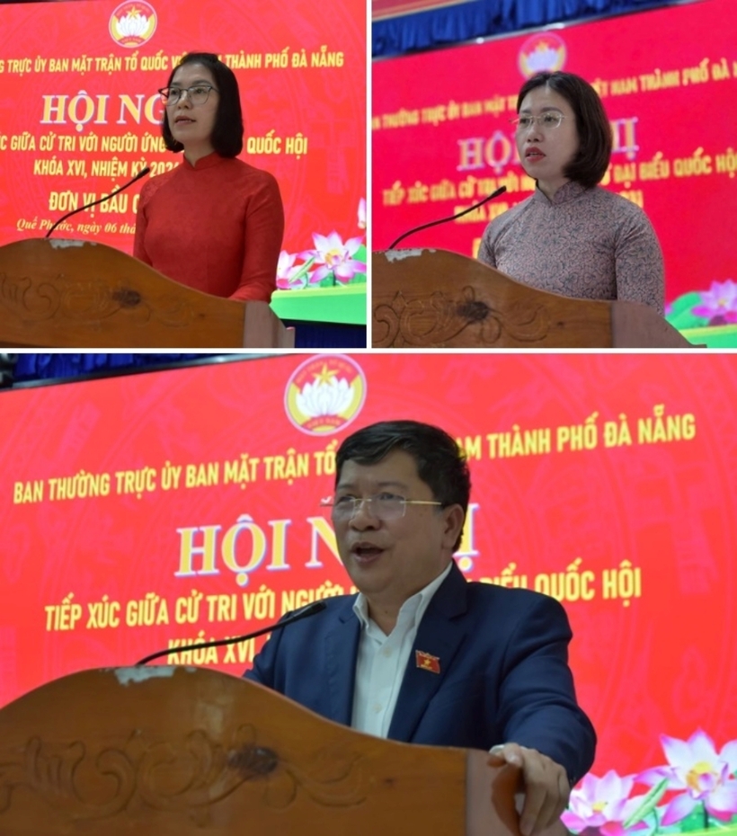 Ông Tạ Văn Hạ, bà Nguyễn Thị Thanh An và bà Phạm Thị Trang tại Hội nghị tiếp xúc cử tri vào chiều 6/3.